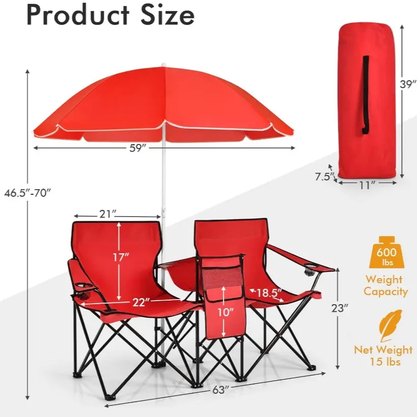 Double Folding Camping Chairs w/ Umbrella & Cooler Bag