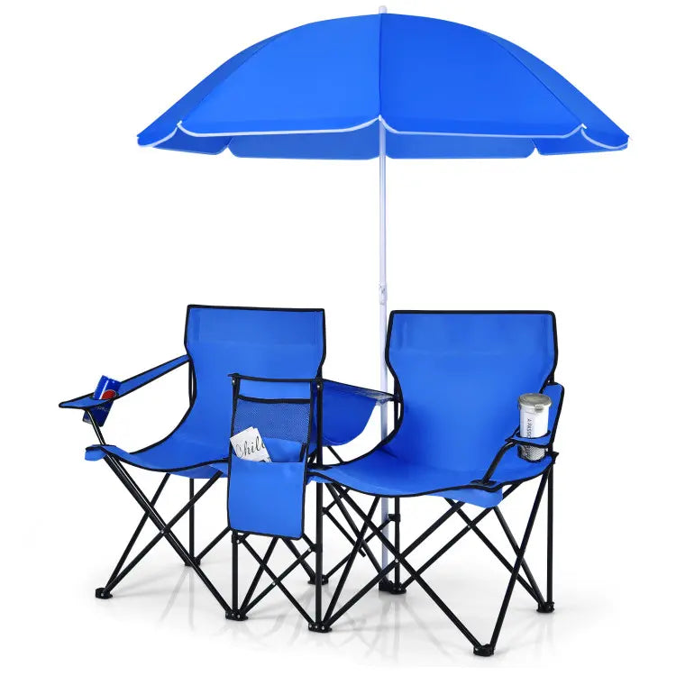 Double Folding Camping Chairs w/ Umbrella & Cooler Bag