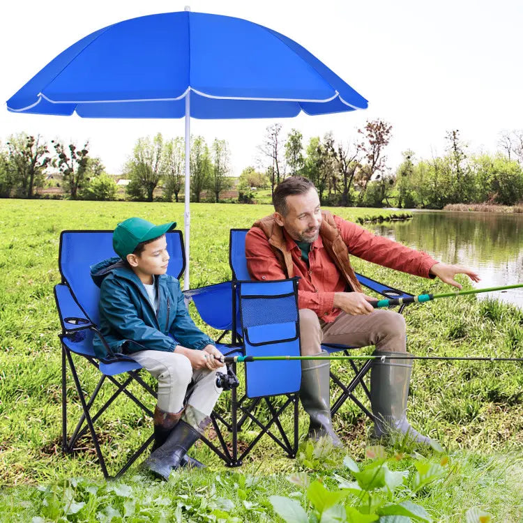 Double Folding Camping Chairs w/ Umbrella & Cooler Bag