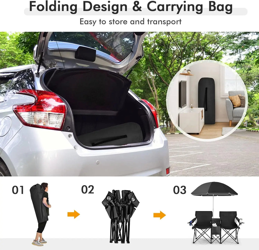 Double Folding Camping Chairs w/ Umbrella & Cooler Bag