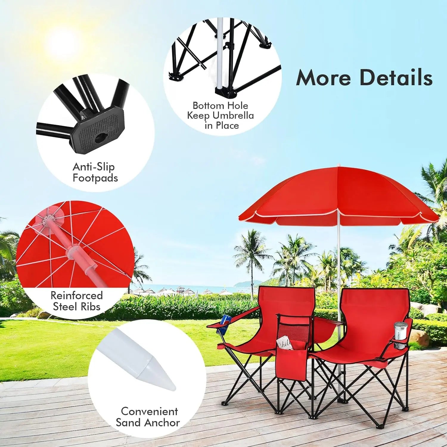 Double Folding Camping Chairs w/ Umbrella & Cooler Bag
