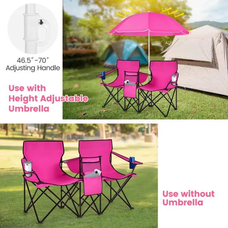 Double Folding Camping Chairs w/ Umbrella & Cooler Bag