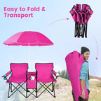 Double Folding Camping Chairs w/ Umbrella & Cooler Bag
