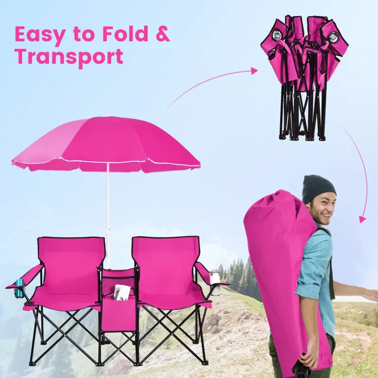 Double Folding Camping Chairs w/ Umbrella & Cooler Bag