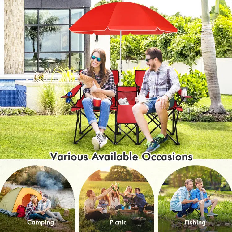 Double Folding Camping Chairs w/ Umbrella & Cooler Bag