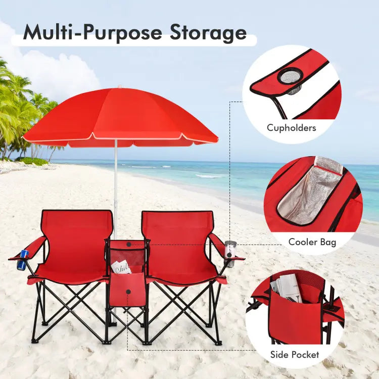 Double Folding Camping Chairs w/ Umbrella & Cooler Bag
