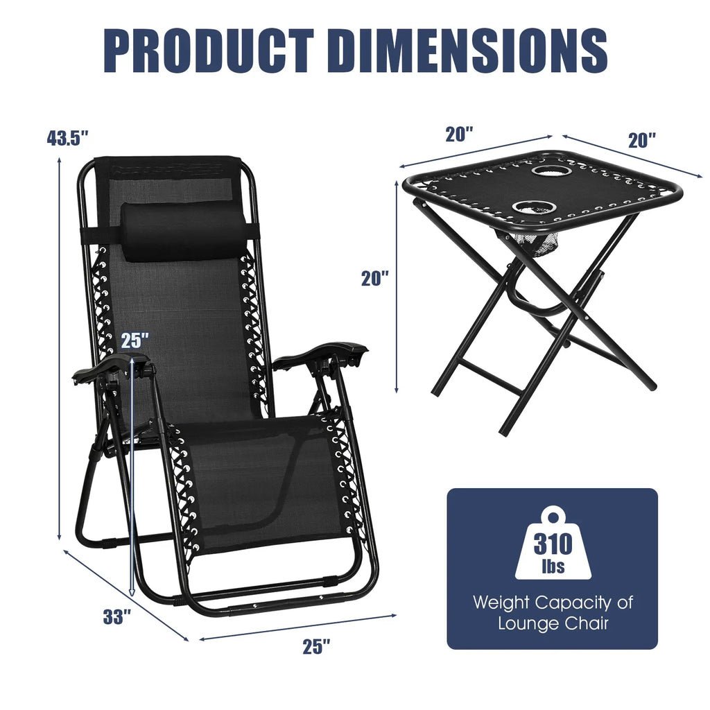 Zero Gravity Chairs Set of 2 w/ Table & Headrest