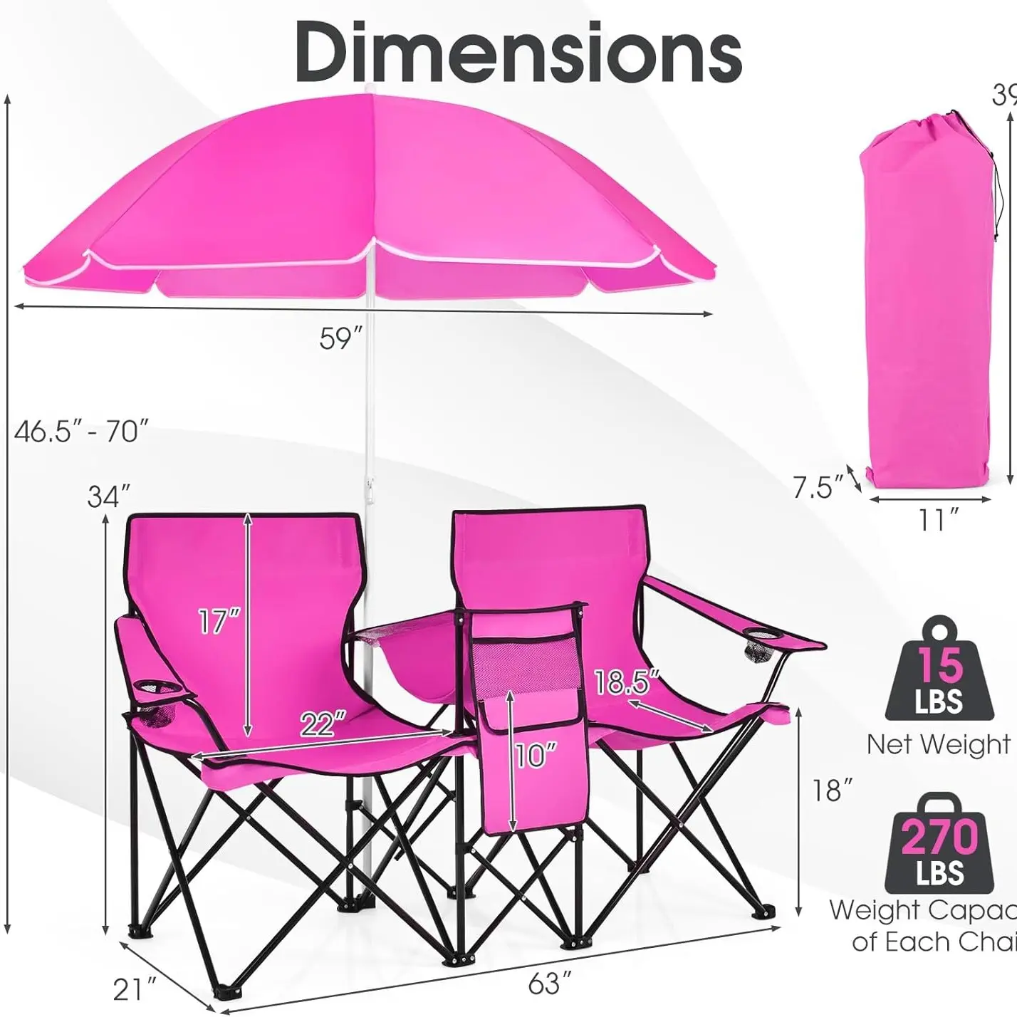 Double Folding Camping Chairs w/ Umbrella & Cooler Bag