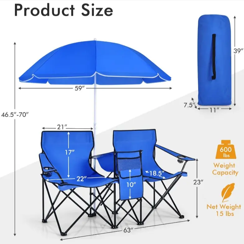 Double Folding Camping Chairs w/ Umbrella & Cooler Bag
