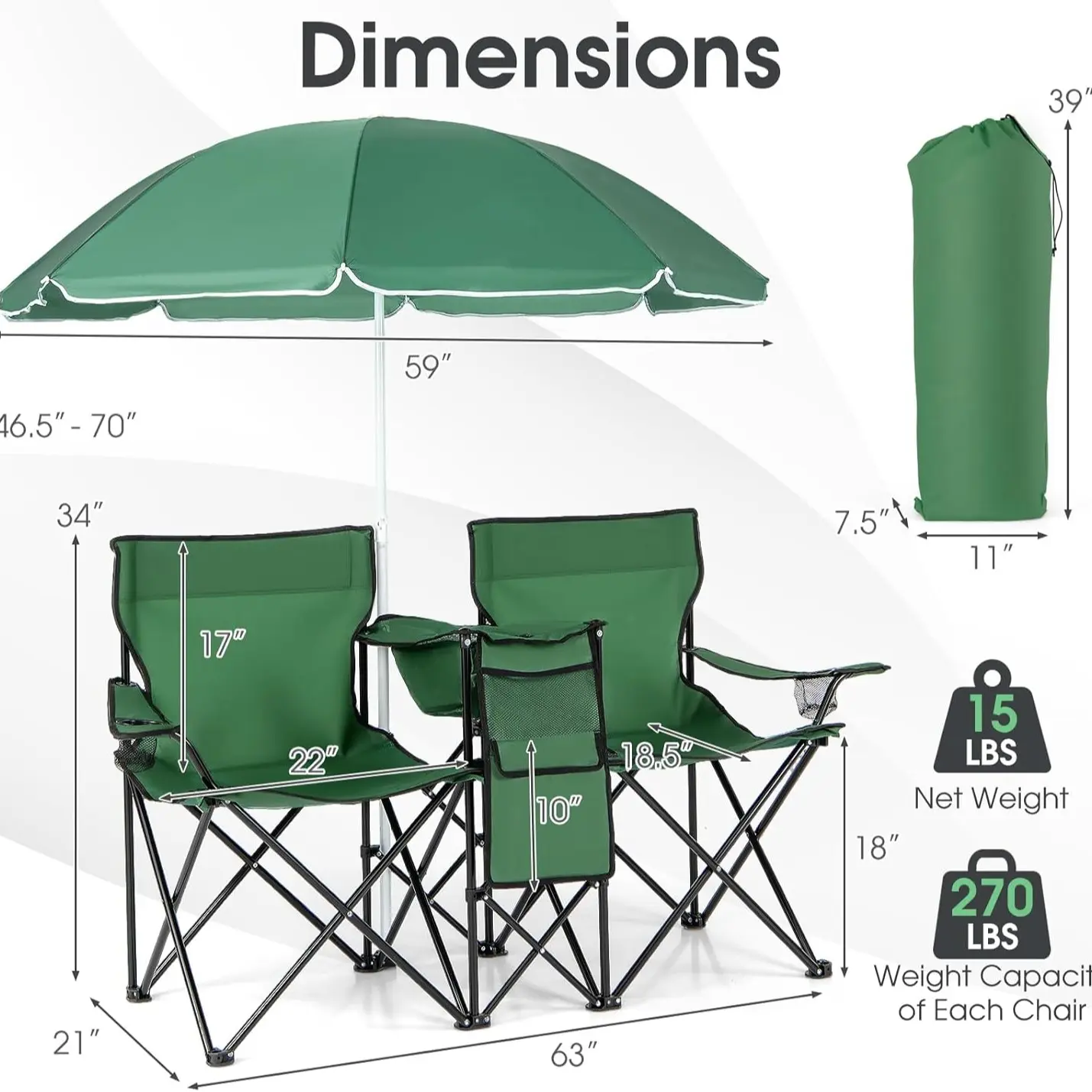 Double Folding Camping Chairs w/ Umbrella & Cooler Bag